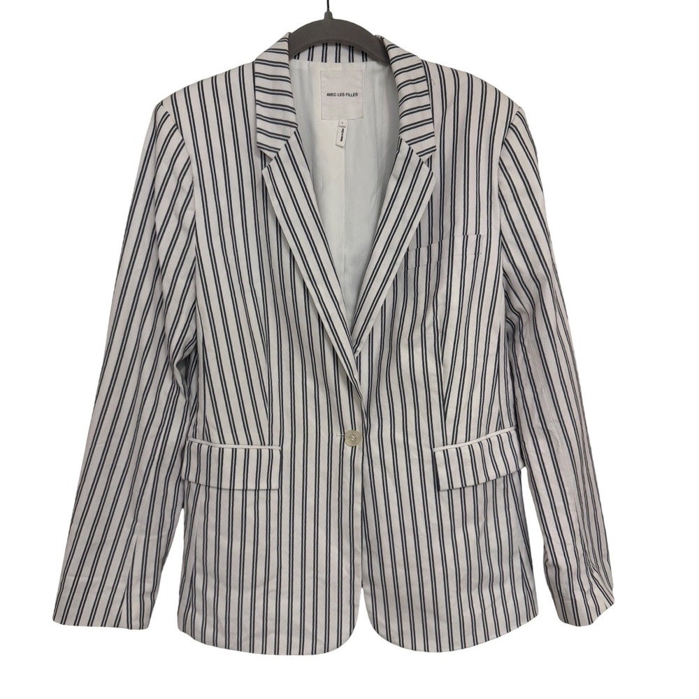 Avec Les Filles Women Striped Cotton Blazer White Navy Blue Single Button Large